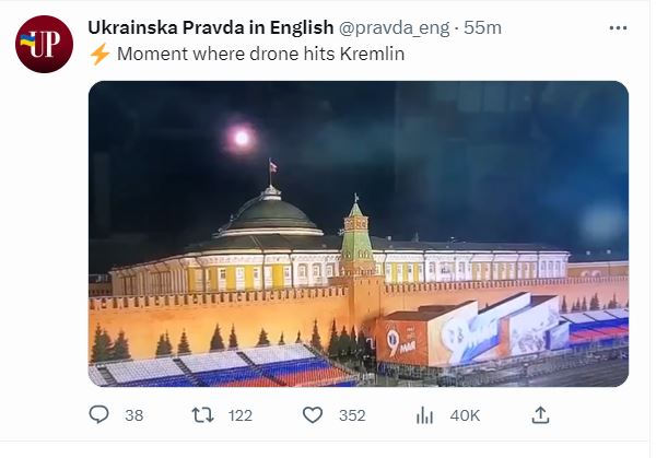 烏克蘭傳媒發佈無人機襲擊克里姆林宮的影片。（twitter）