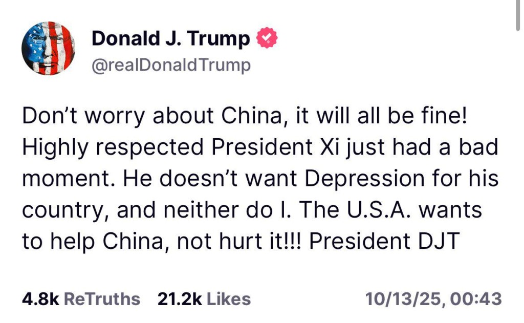 特朗普發帖指出，美國想幫中國。