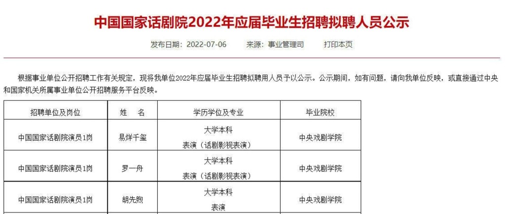 早前中國國家話劇院的編制名單上，出現易烊千璽的名字。