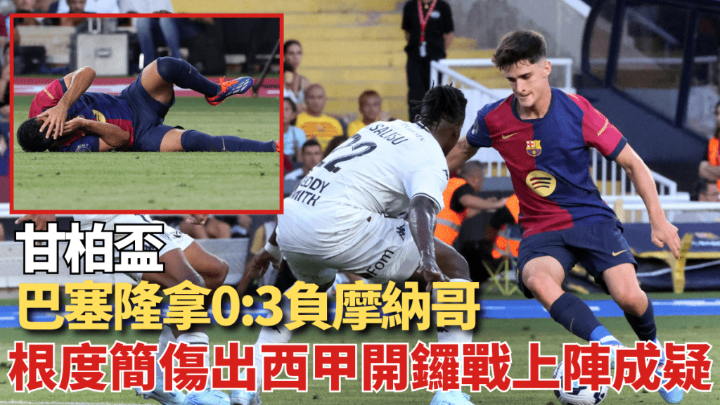 巴塞隆拿甘柏盃0:3負摩納哥,根度簡傷出西甲開鑼戰上陣成疑。REUTERS