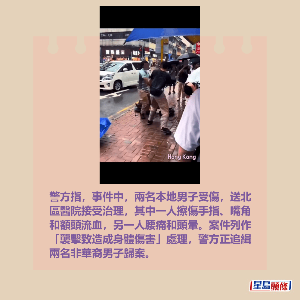 警方指,事件中,兩名本地男子受傷,送北 區醫院接受治理,其中一人擦傷手指、嘴角 和額頭流血,另一人腰痛和頭暈。案件列作 「襲擊致造成身體傷害」處理,警方正追緝 兩名非華裔男子歸案。fb截圖 警方指,事件中,兩名本地男子受傷,送北 區醫院接受治理,其中一人擦傷手指、嘴角 和額頭流血,另一人腰痛和頭暈。案件列作 「襲擊致造成身體傷害」處理,警方正追緝 兩名非華裔男子歸案。fb截圖