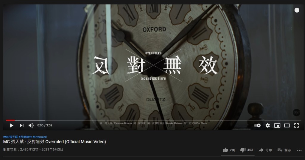 MC新歌《反對無效》YouTube點擊已突破200萬。