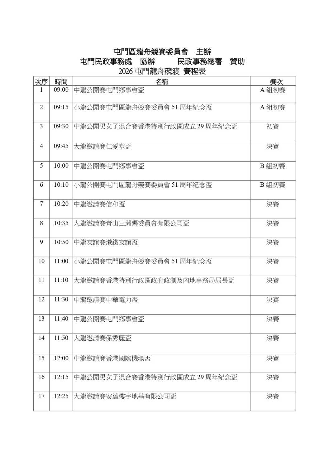 2026屯門龍舟競渡賽程表 2026屯門龍舟競渡賽程表