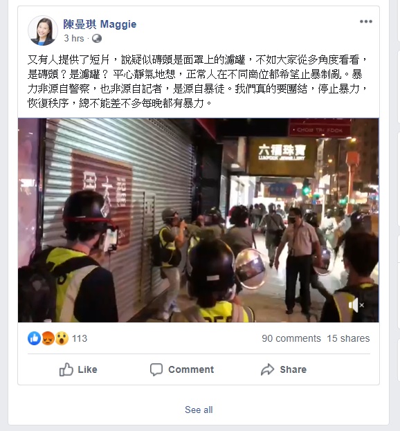 陳曼琪其後稱有人提出「疑似磚頭是面罩上的濾罐」。facebook截圖