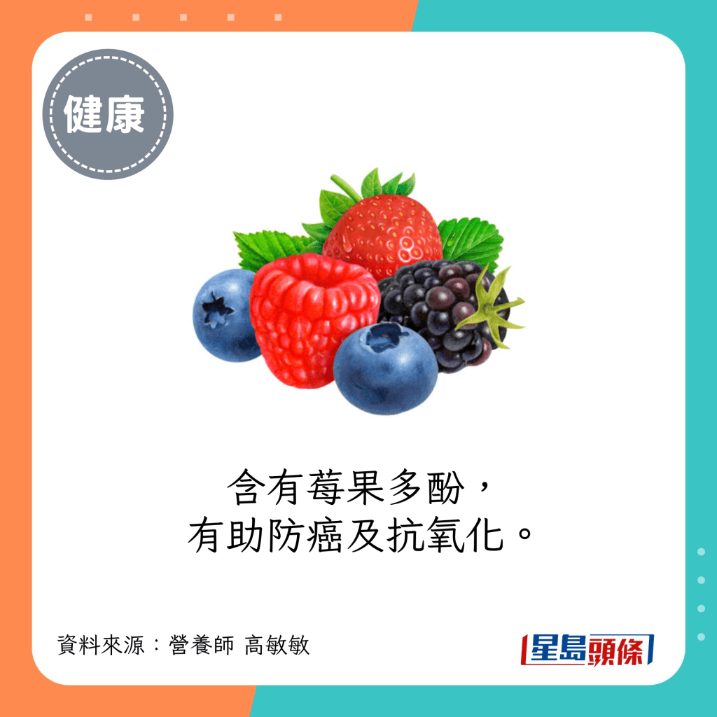  含有莓果多酚，有助防癌及抗氧化。