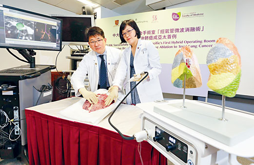 中大醫學院外科學系心胸外科組副教授吳士衡醫生及名譽臨牀助理教授劉穎虹醫生,模擬相關治療運作。