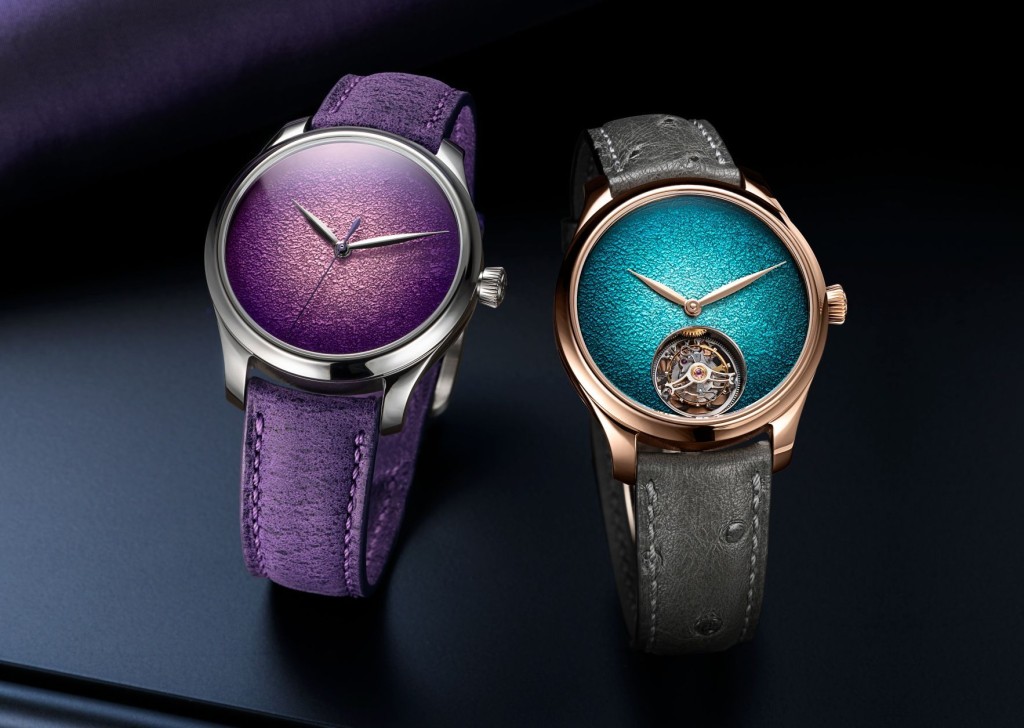 H. Moser & Cie. Endeavour Centre Seconds Concept Purple Enamel(左)及Endeavour Tourbillon Concept Turquoise Enamel(右),售價:27,000瑞郎(紫色)、75,000瑞郎(綠松石色)。 H. Moser & Cie. Endeavour Centre Seconds Concept Purple Enamel(左)及Endeavour Tourbillon Concept Turquoise Enamel(右),售價:27,000瑞郎(紫色)、75,000瑞郎(綠松石色)。