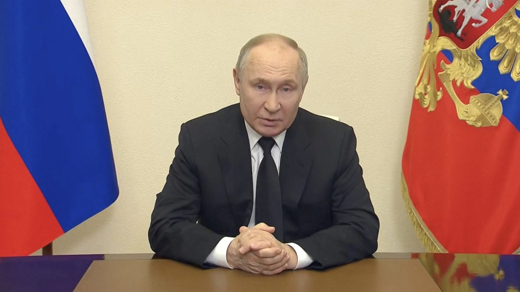 普京23日发表视像讲话，回应莫斯科克罗库斯音乐厅恐袭事件。 路透社