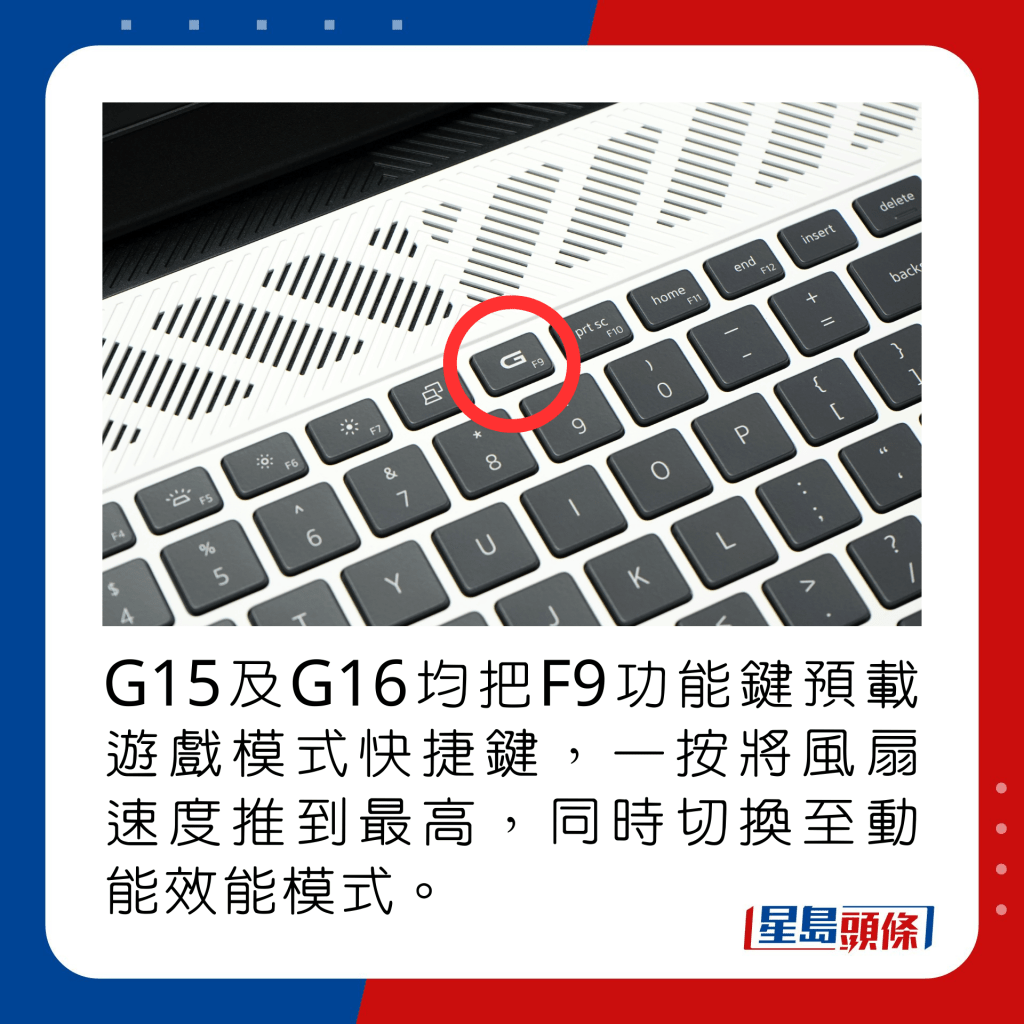 G15及G16均把F9功能鍵預載遊戲模式快捷鍵，一按將風扇速度推到最高，同時切換至動能效能模式。