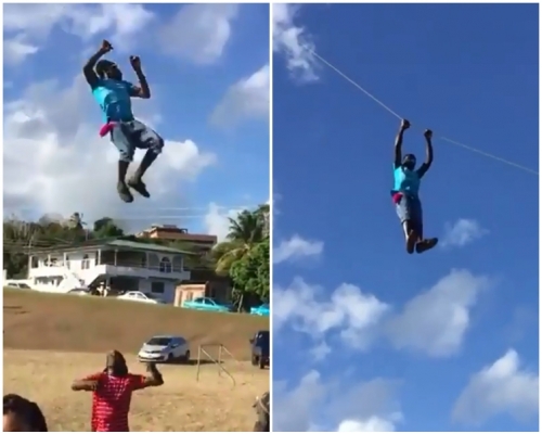 男子瞬间随风筝线被弹上半空。网图
