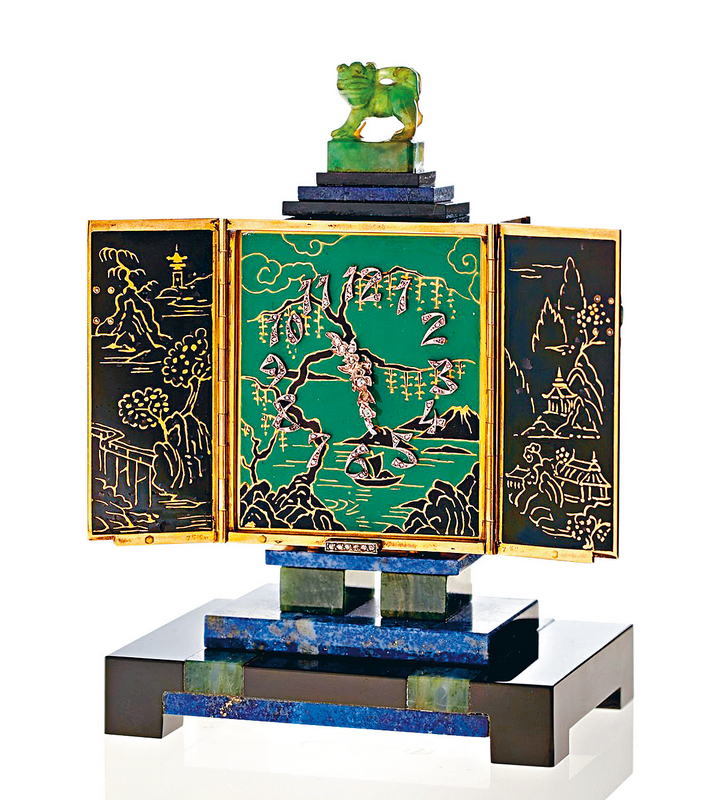 以縞瑪瑙、青金石、玉、琺瑯及鑽石製作的座鐘，1925年出品。（洛杉磯私人藏品）