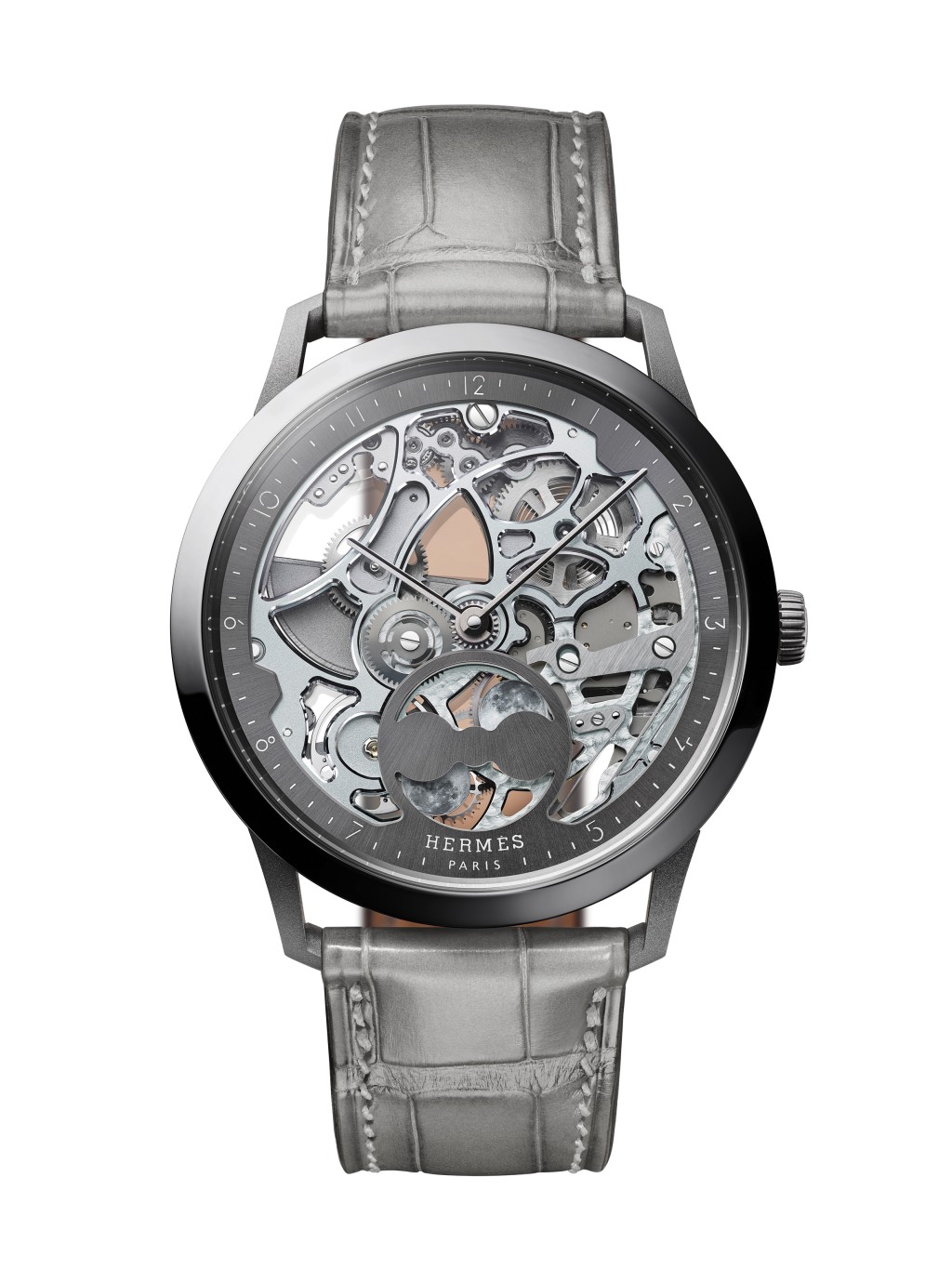 Slim d'Hermès Squelette Lune / 錶殼:39.5mm鈦金屬 / 機芯:H1953自動 / 售價:$194,100。 Slim d'Hermès Squelette Lune / 錶殼:39.5mm鈦金屬 / 機芯:H1953自動 / 售價:$194,100。