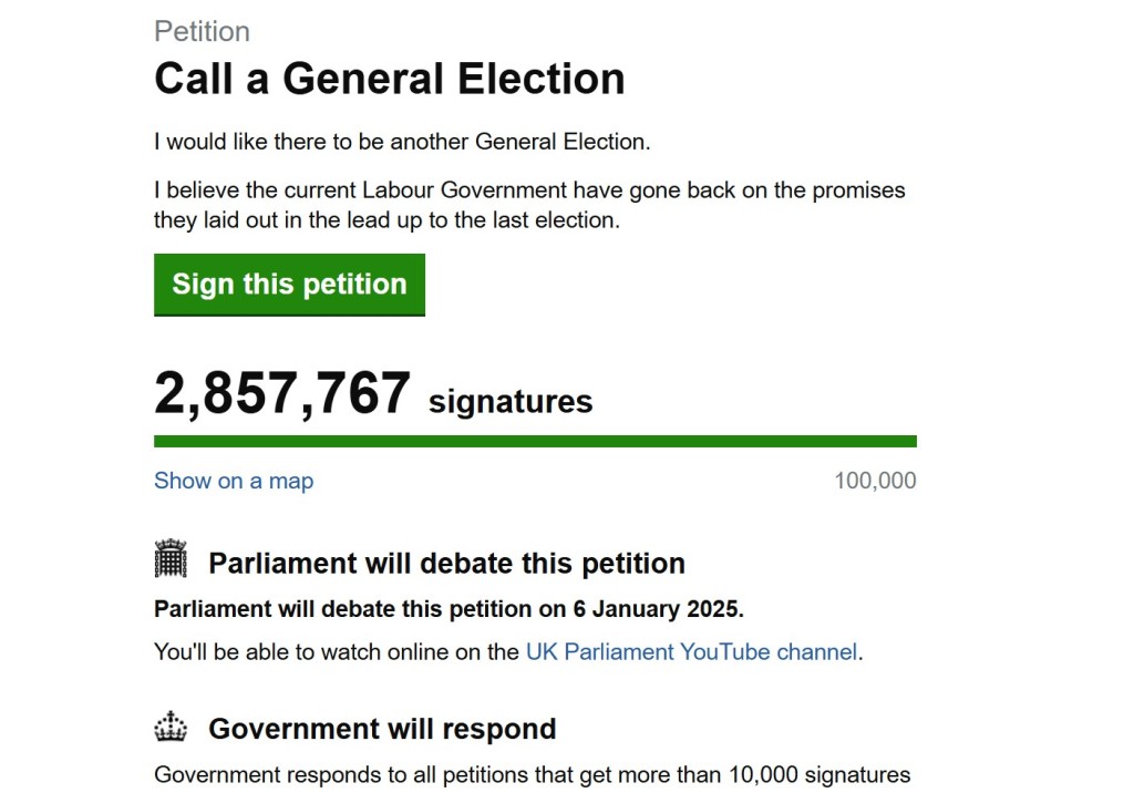 日前有英國人在國會官方網站發起聯署，要求提早大選，目前已有逾285萬人英國人簽署。