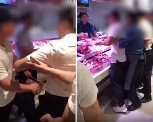 安徽一名男子到超市买肉被另一名男子插队，双方爆发冲突。　影片截图