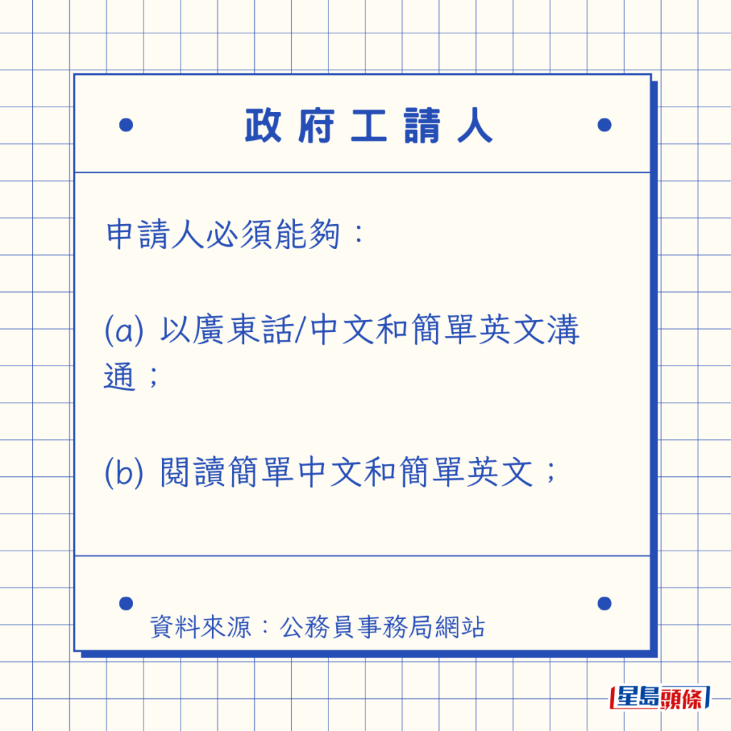 申請人必須能夠: (a) 以廣東話/中文和簡單英文溝通; (b) 閱讀簡單中文和簡單英文; 申請人必須能夠: (a) 以廣東話/中文和簡單英文溝通; (b) 閱讀簡單中文和簡單英文;
