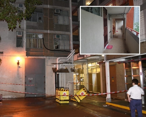 順天邨一名10歲女童凌晨在天暉樓一走廊墮樓亡。小圖為女童居住單位。