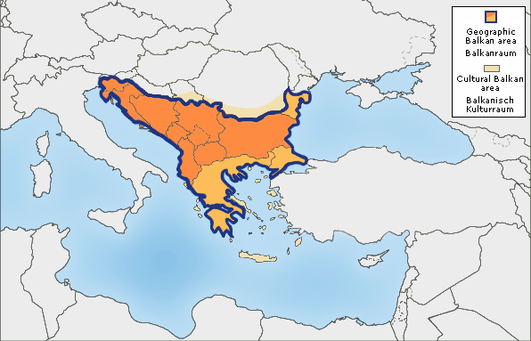 2. 巴爾幹種族衝突：深桔色是巴爾幹半島地區，淺桔色是半島的地理定義以外，仍然被看做「巴爾幹地區」的國家（維基百科圖片）