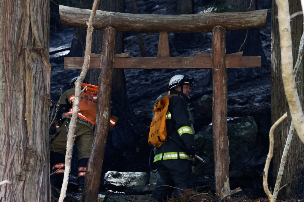 日本北部岩手县山林大火已连续焚烧多天，消防员努力扑救。 路透社