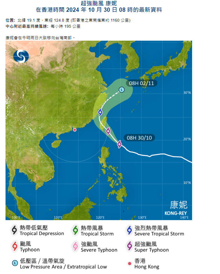 超強颱風康妮會在明早（31日）進入本港800公里範圍。天文台網頁截圖