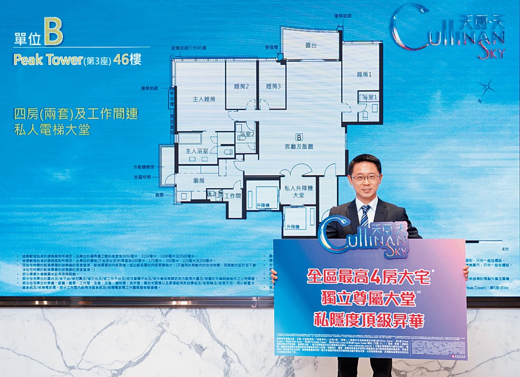 新地胡致遠表示,天璽.天設有3伙三複式單位,面積最大達4000方呎。