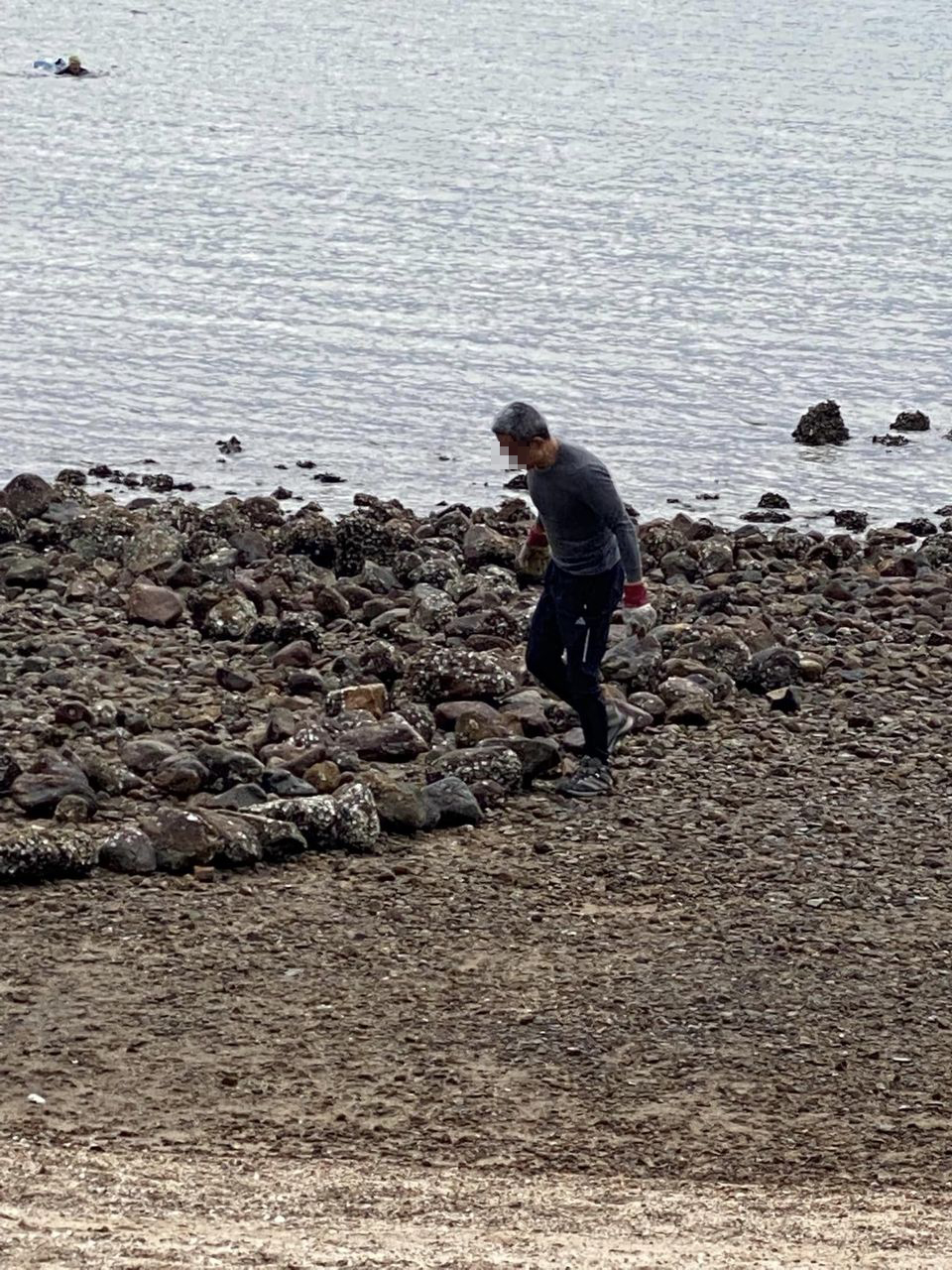 一名中年男子慢慢將大石砌出一個倒心形。fb「烏溪沙石灘海岸關注組」圖片