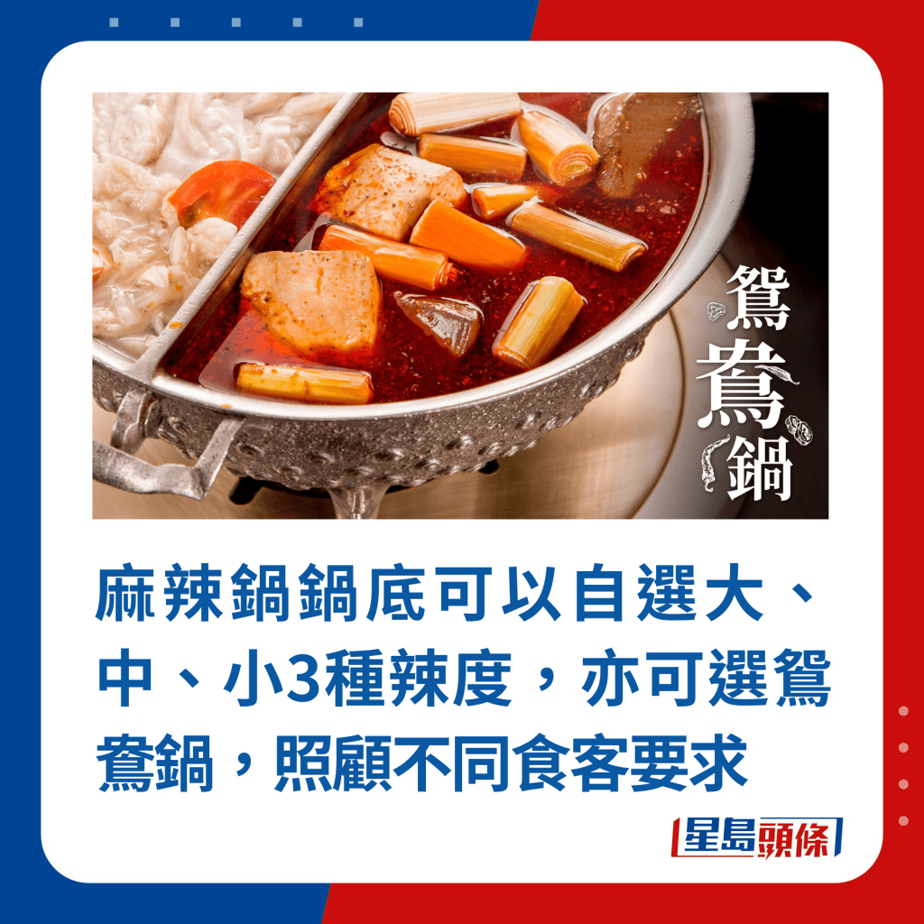 麻辣鍋鍋底可以自選大、中、小3種辣度，亦可選鴛鴦鍋，照顧不同食客要求