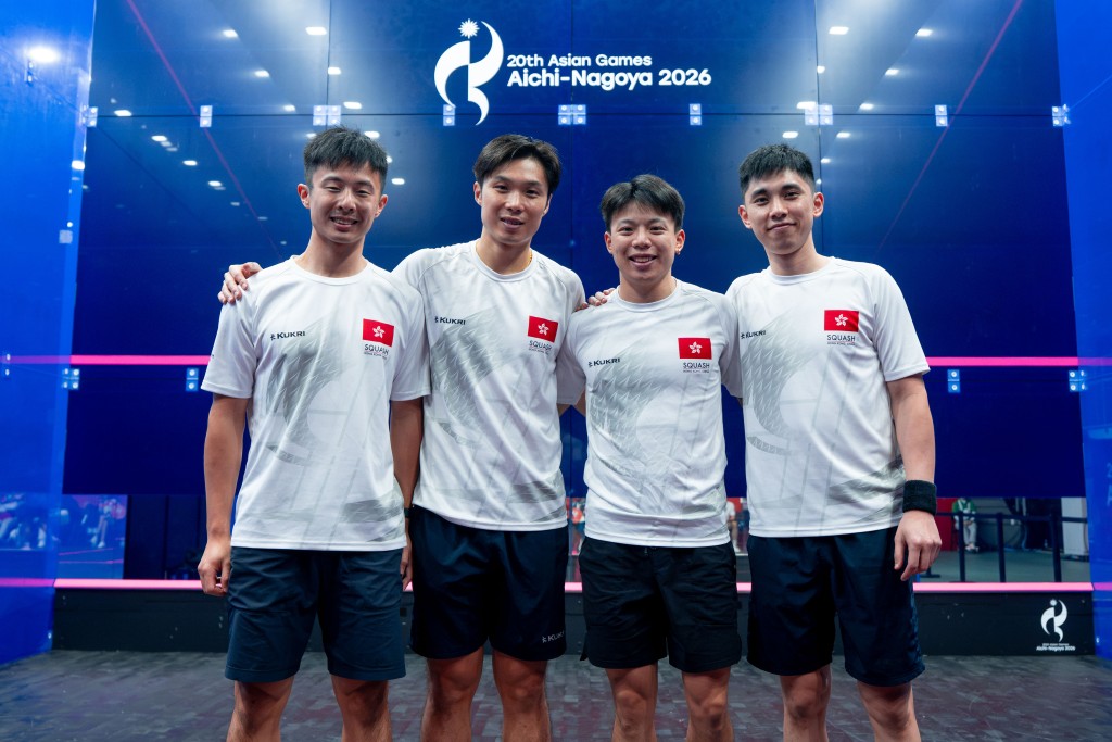 港隊壁球男團八強挫卡塔爾,闖入四強鎖定一面奬牌照片。由港協暨奧委會提供 港隊壁球男團八強挫卡塔爾,闖入四強鎖定一面奬牌照片。由港協暨奧委會提供
