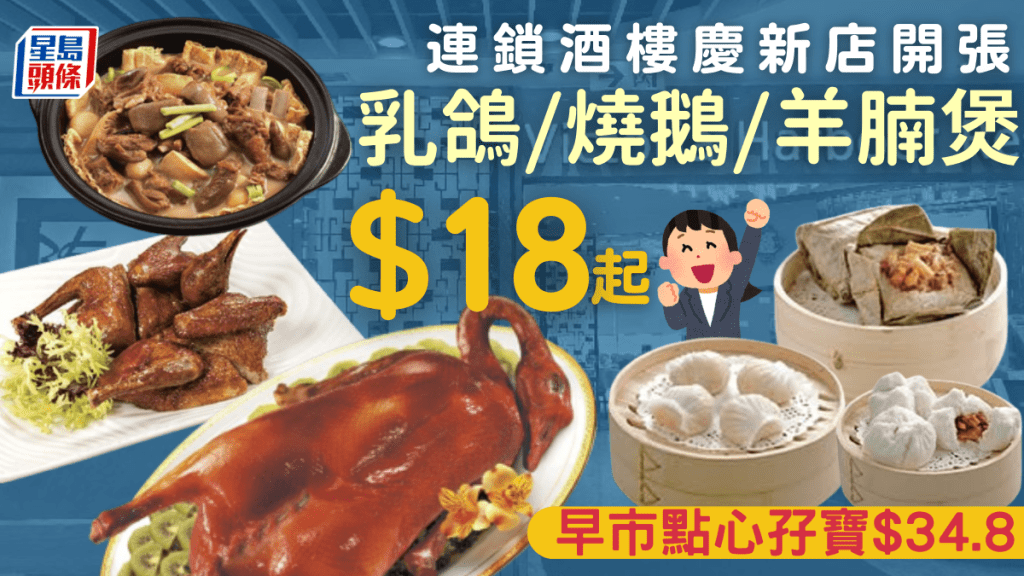 連鎖酒樓長沙灣店開張優惠！乳鴿/燒鵝/羊腩煲$18起 早市點心孖寶$34.8起