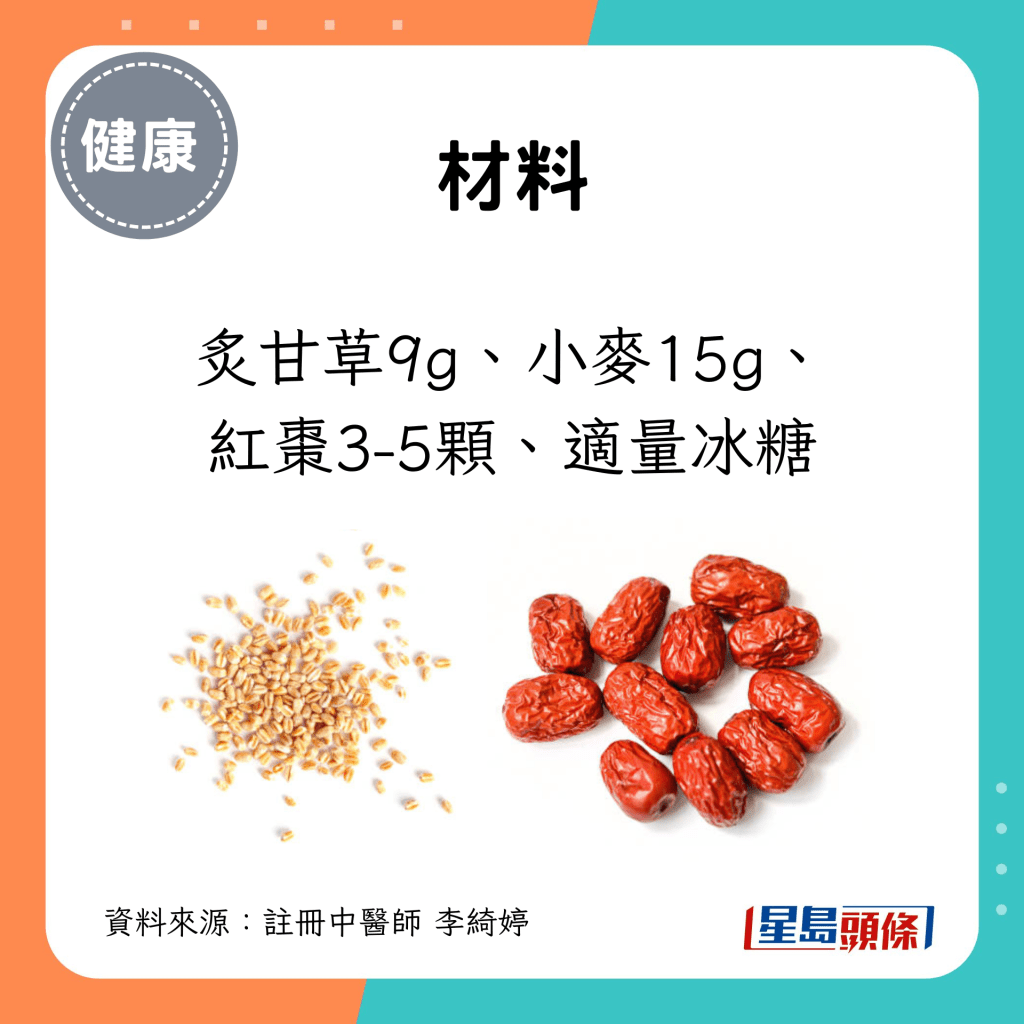 材料炙甘草9g、小麥15g、 紅棗3-5顆、適量冰糖