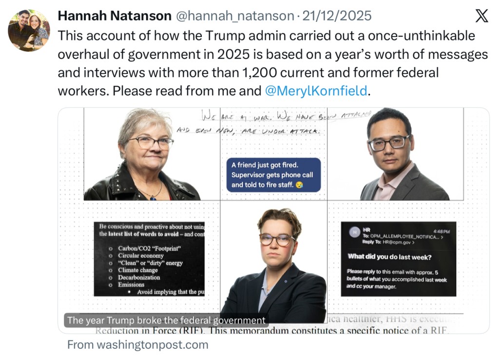 纳坦森（Hannah Natanson）近1年来持续报道特朗普政府解雇联邦员工一事。  X截图