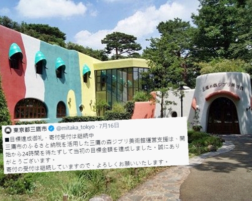 擁有美術館的三鷹市政府日前發動群眾募捐，只花一天就達成1,000萬日圓的目標。網圖/Twitter截圖