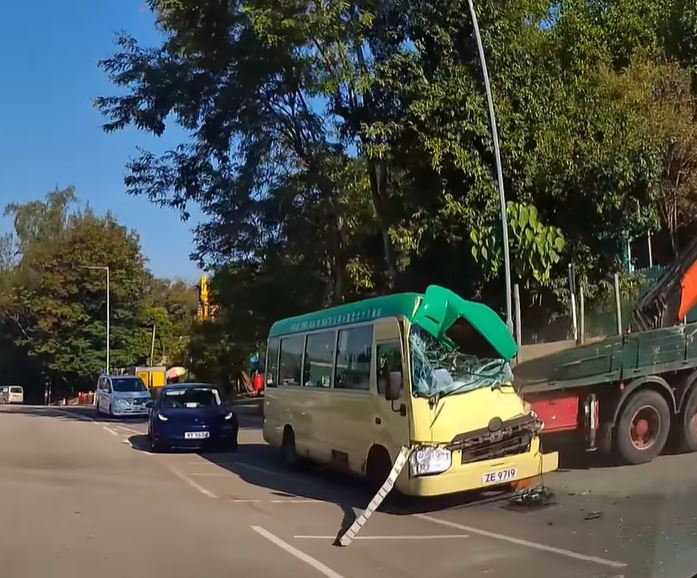 尾隨小巴的一輛Tesla及時收掣停下。fb車cam L（香港群組）影片截圖