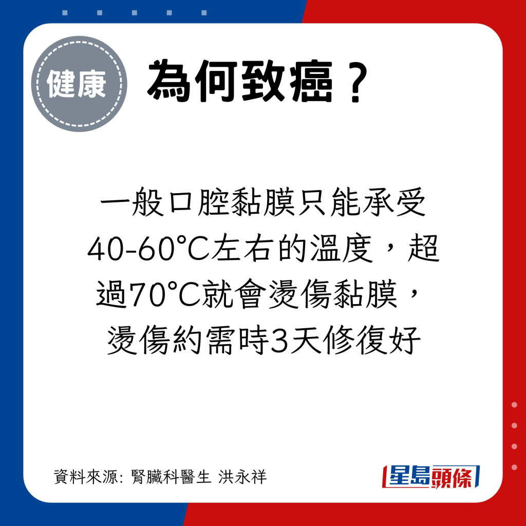 一般口腔黏膜只能承受40-60°C左右的温度，超过70°C就会烫伤黏膜，烫伤约需时3天修复好