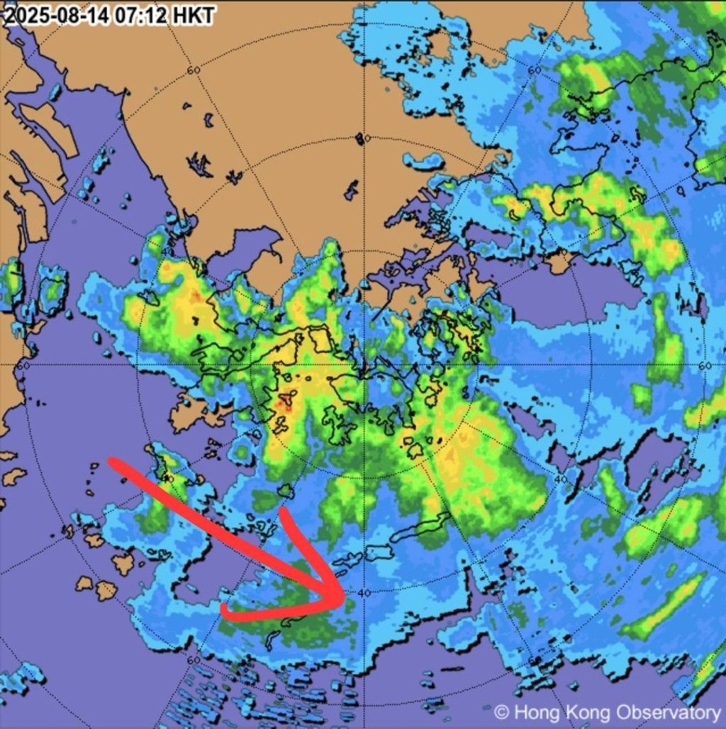 林超英指香港在楊柳外圍,但剛好位於一條雨帶上。香港天文台圖片 林超英指香港在楊柳外圍,但剛好位於一條雨帶上。香港天文台圖片