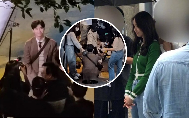 李钟硕著住冬装拍街景，热到要专人吹风扇；润娥则在另一边静静对戏。
