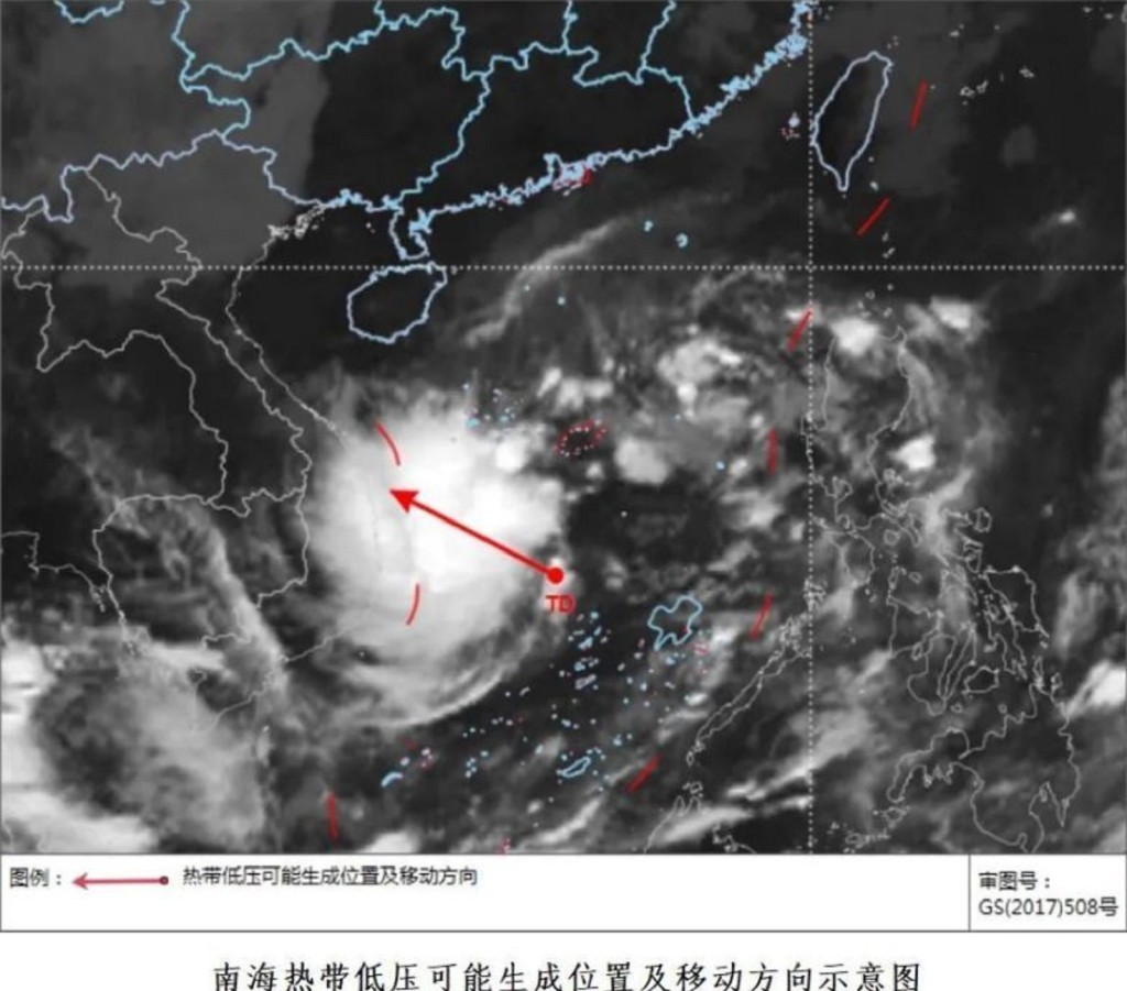 南海南部的熱帶雲團，預計將於今天加強為熱帶低氣壓，之後向西北方向移動，14日夜間靠近越南南部沿海。海南氣象台