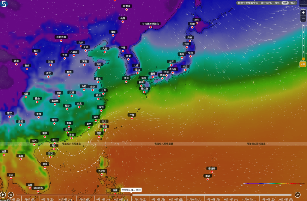 伏羲亦預計鳳凰移向台灣。天文台網頁截圖 伏羲亦預計鳳凰移向台灣。天文台網頁截圖