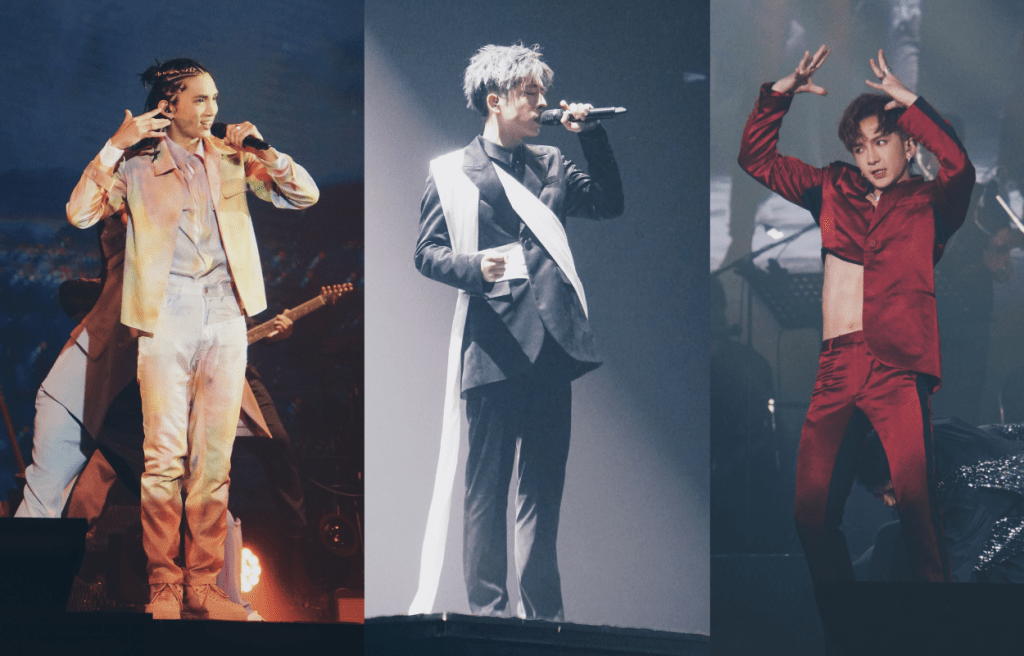 演唱會上,Lokman(左)、Edan(中)及Anson(右)以不同的西裝Look登場,設計各有特色,展現嶄新的型仔Look,全部都出自本地時裝品牌Rickyywong之手筆。