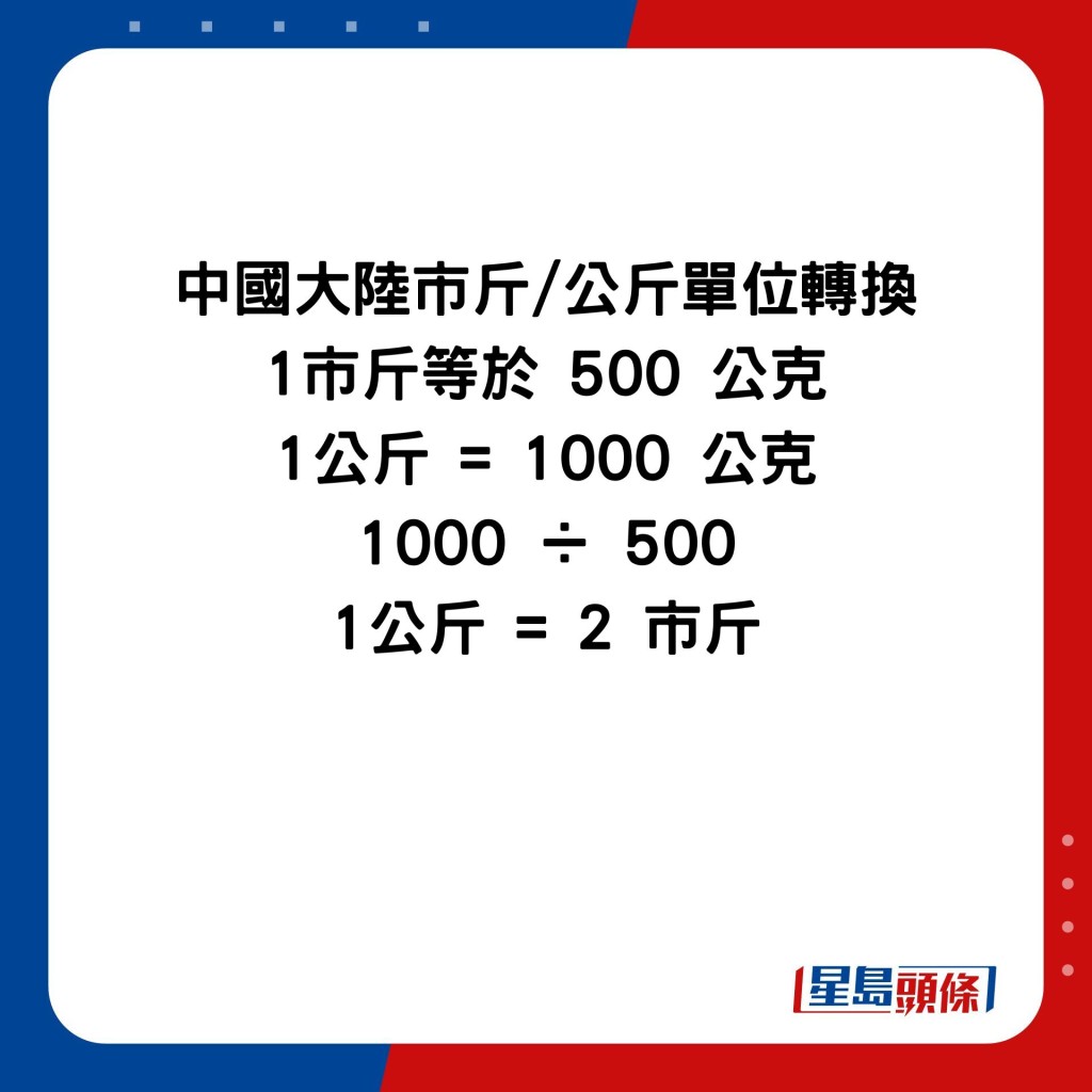 中國大陸市斤/公斤單位轉換 1市斤等於 500 公克 1公斤 = 1000 公克 1000 ÷ 500 1公斤 = 2 市斤