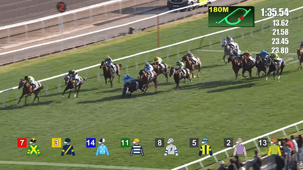 終點前約160米，鍾易禮策騎的14號馬「保羅傳奇」倒地。賽馬會網頁