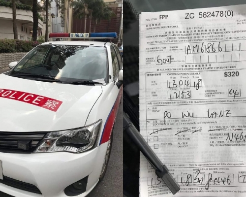 警車停泊在大埔寶湖里,涉違泊而被抄牌。
