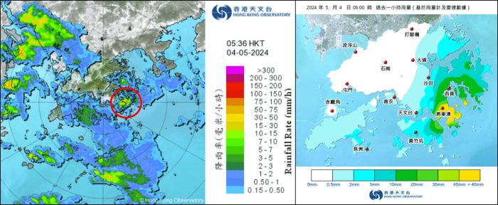 上午约5时半的雷达图像（左）及上午6时的一小时雨量分布图（右）显示雷雨区主要影响西贡的将军澳。天文台图片