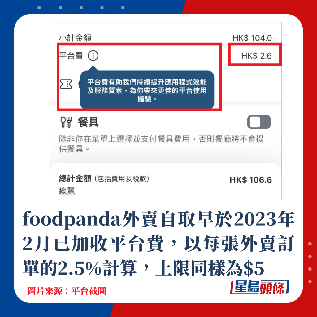 foodpanda外卖自取早于2023年2月已加收平台费，以每张外卖订单的2.5%计算，上限同样为$5