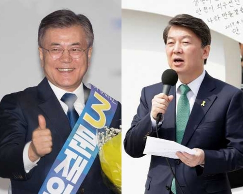 文在寅(左)與安哲秀的支持率，差距擴大至11個百分點。