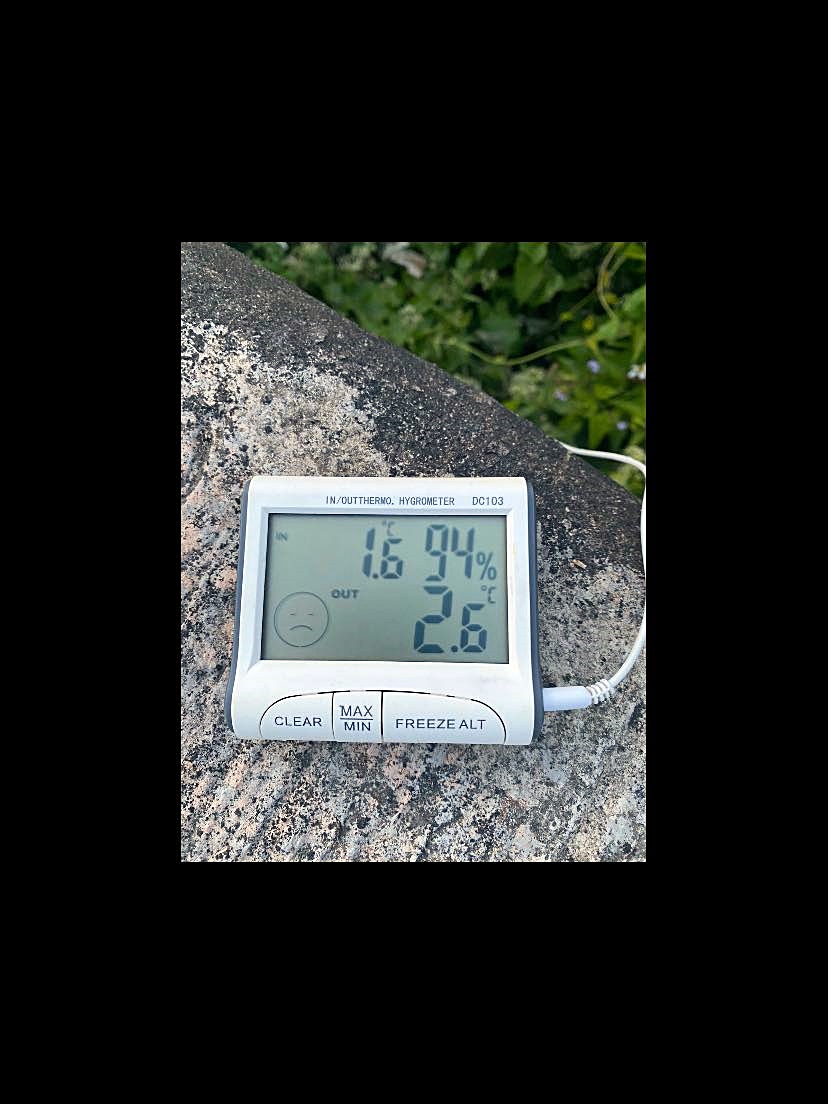 大埔北元嶺村氣溫一度低至攝氏1.6度。fb：社區天氣觀測計劃 