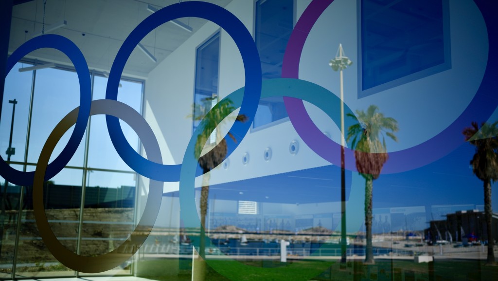 馬賽奧運帆船比賽項目場地魯卡斯布蘭克碼頭的五環標誌。 路透社