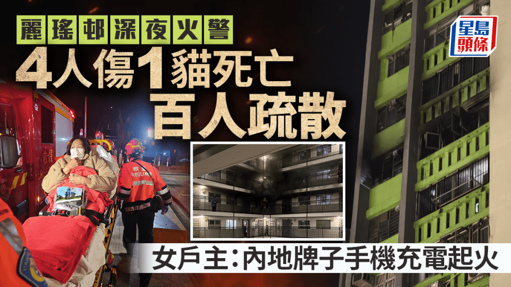 丽瑶邨单位起火酿4人伤1猫死 逾百住客疏散 疑内地手机充电短路酿祸　