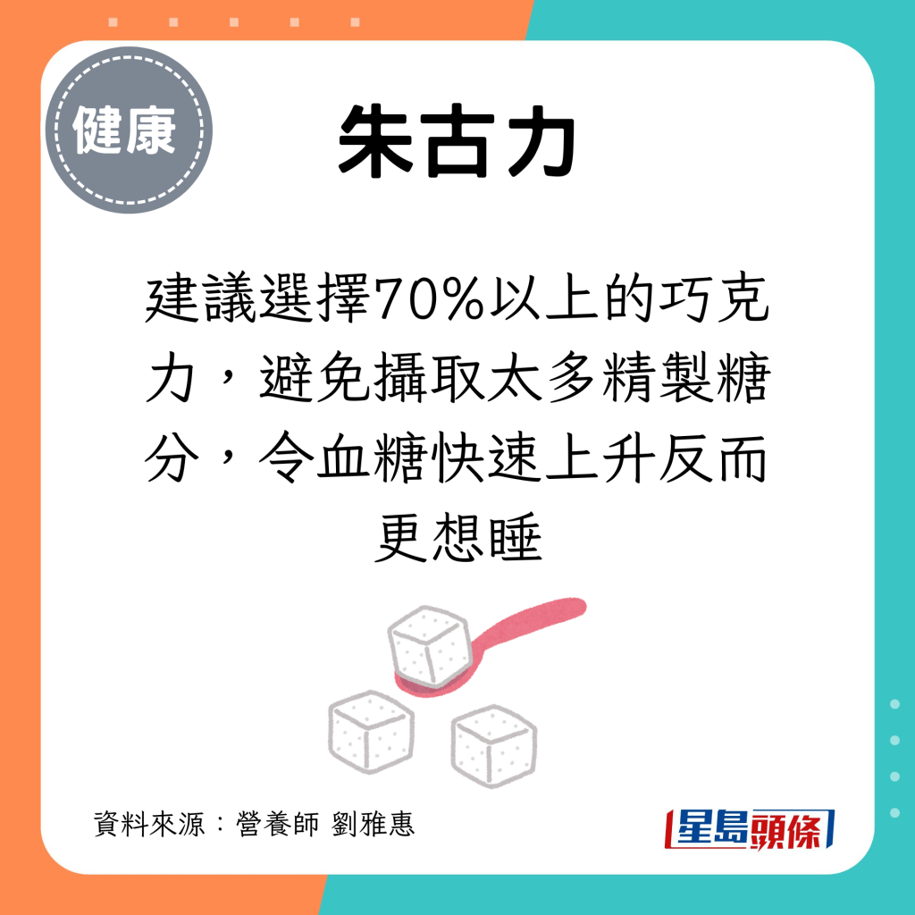 建议选择70%以上的巧克力，避免摄取太多精制糖分，令血糖快速上升反而更想睡