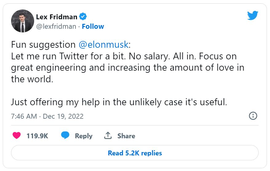 麻省理工（MIT）人工智能研究员弗里德曼主动请缨接手Twitter。