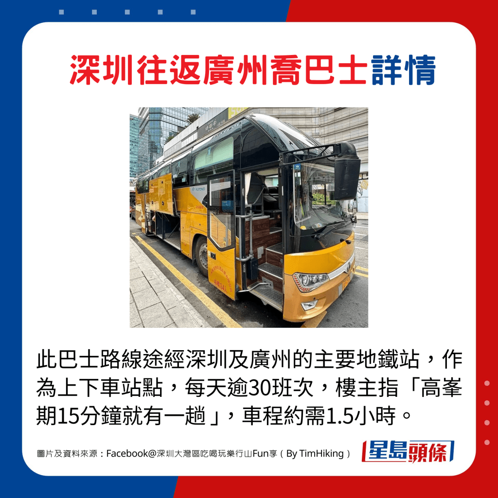 此巴士路線途經深圳及廣州的主要地鐵站，作為上下車站點，每天逾30班次，樓主指「高峰期15分鐘就有一趟 」，車程約需1.5小時。